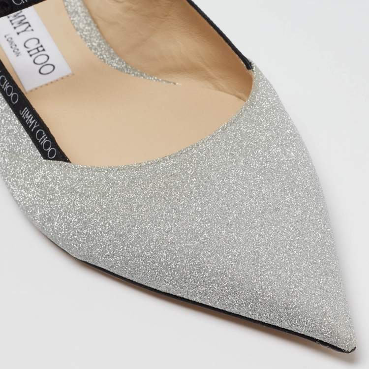 Pre Owned Jimmy Choo Silver Glitter Slingback Flat Sandals Size 39.5