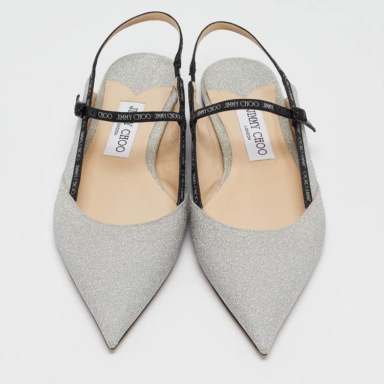 Pre Owned Jimmy Choo Silver Glitter Slingback Flat Sandals Size 39.5