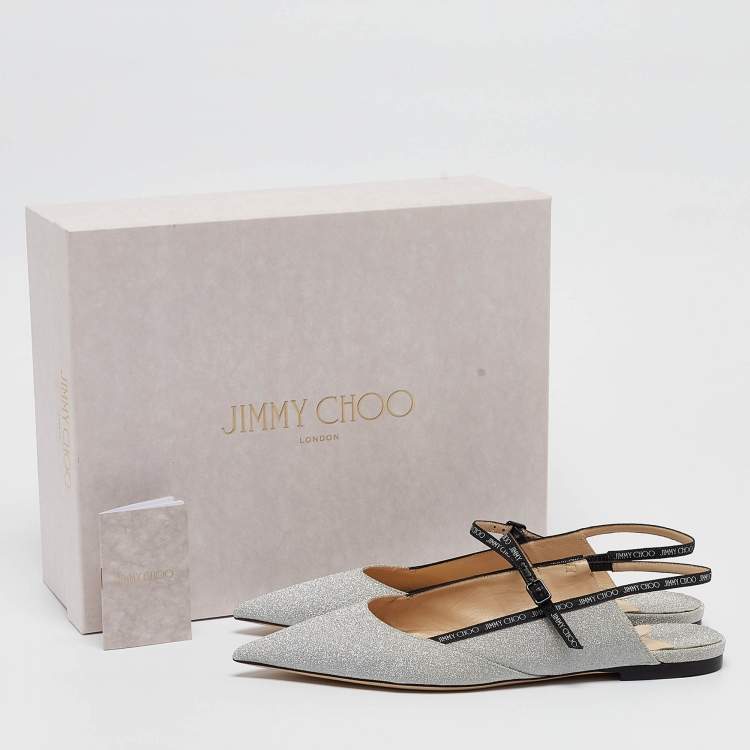 Pre Owned Jimmy Choo Silver Glitter Slingback Flat Sandals Size 39.5