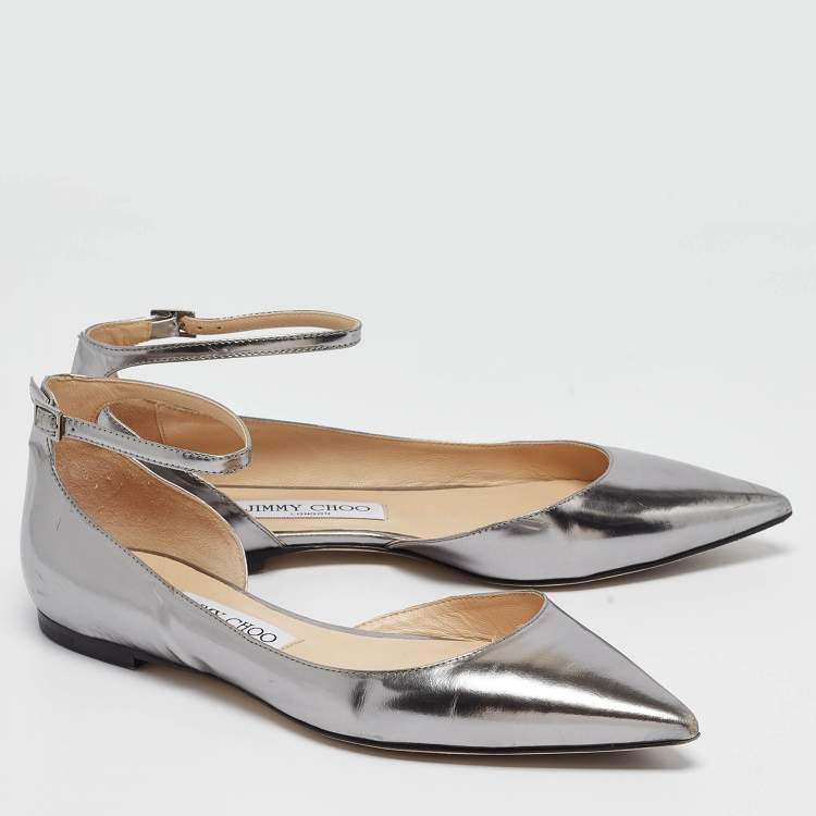 Pre Owned Jimmy Choo Metallic Grey Leather Lucy Ankle Strap Flats Size 37