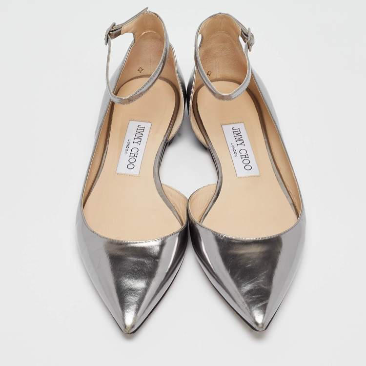 Pre Owned Jimmy Choo Metallic Grey Leather Lucy Ankle Strap Flats Size 37