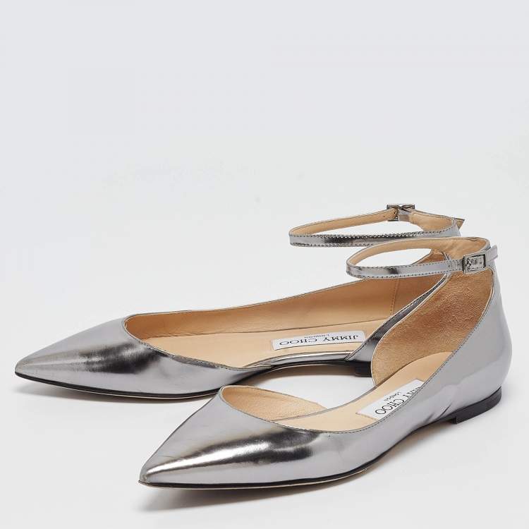 Pre Owned Jimmy Choo Metallic Grey Leather Lucy Ankle Strap Flats Size 37