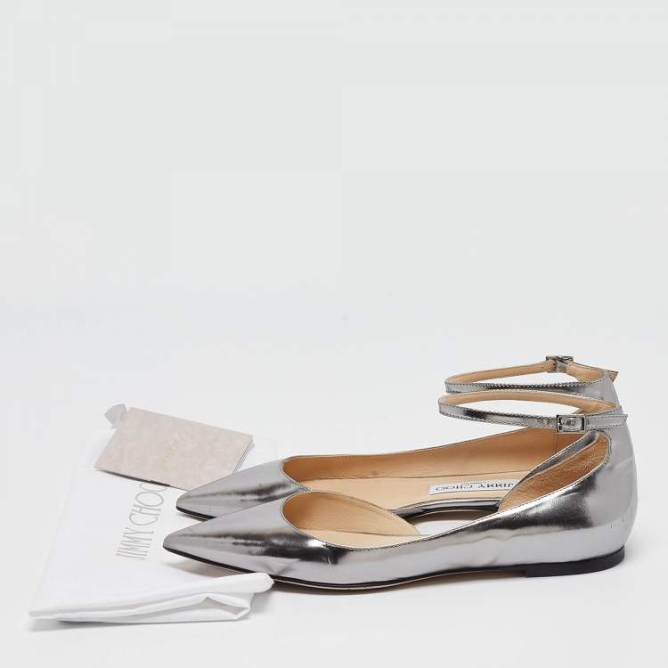 Pre Owned Jimmy Choo Metallic Grey Leather Lucy Ankle Strap Flats Size 37