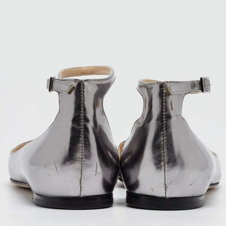 Pre Owned Jimmy Choo Metallic Grey Leather Lucy Ankle Strap Flats Size 37