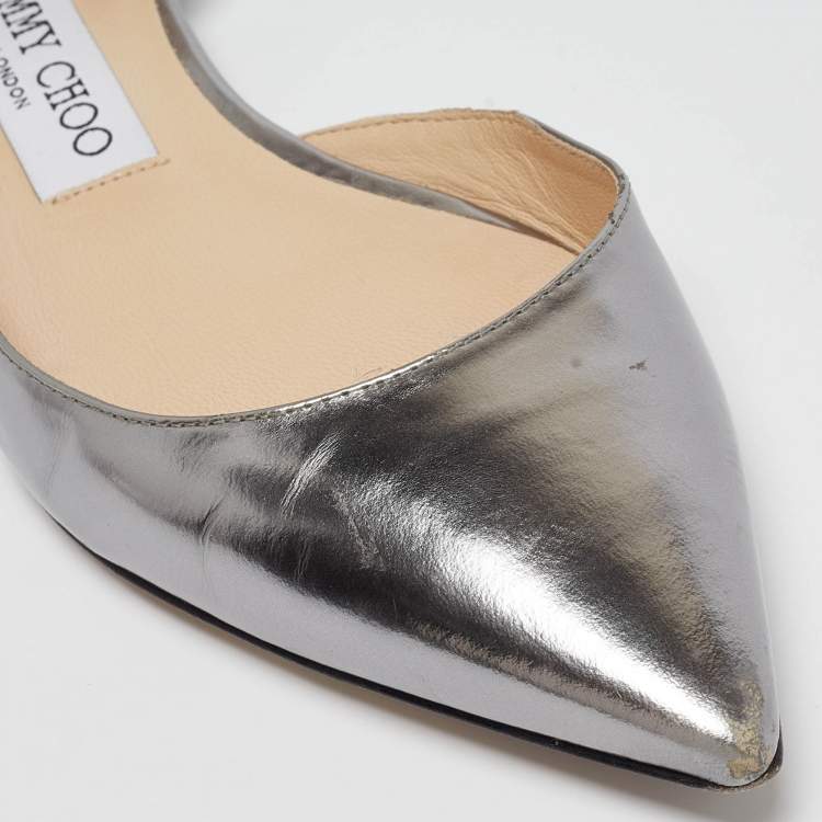 Pre Owned Jimmy Choo Metallic Grey Leather Lucy Ankle Strap Flats Size 37