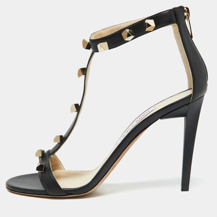 Pre Owned Jimmy Choo Black Leather Lamba Cube Studded T-Strap Sandals Size 40
