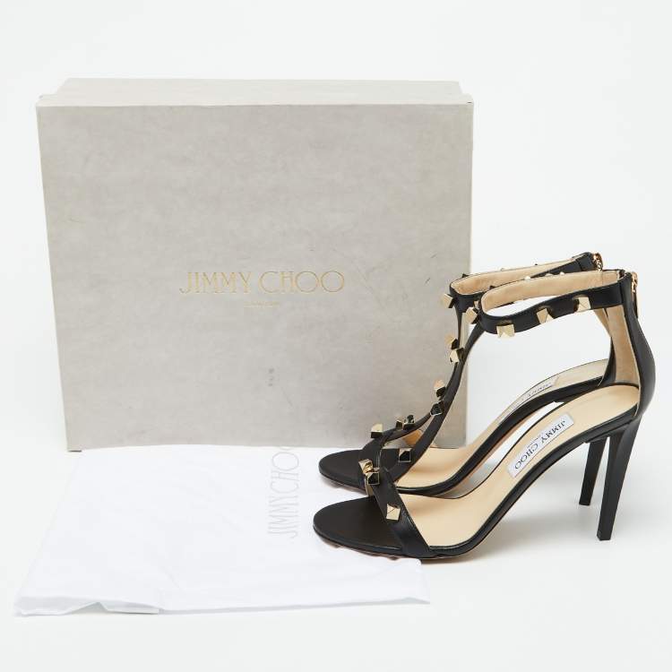 Pre Owned Jimmy Choo Black Leather Lamba Cube Studded T-Strap Sandals Size 40