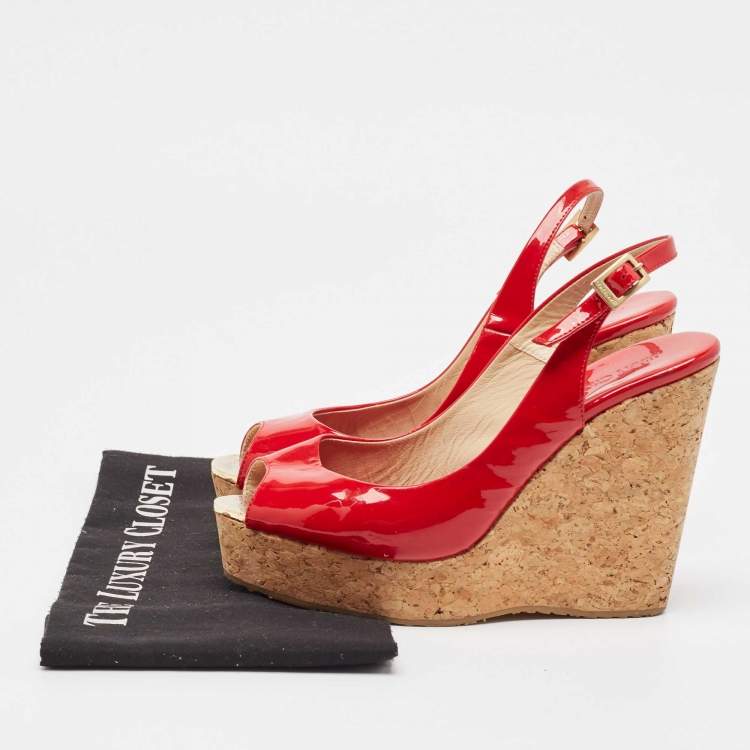 Pre Owned Jimmy Choo Red Patent Leather Prova Wedge Sandals Size 38