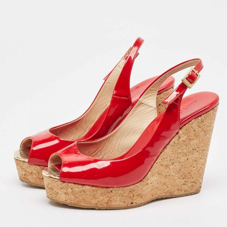 Pre Owned Jimmy Choo Red Patent Leather Prova Wedge Sandals Size 38