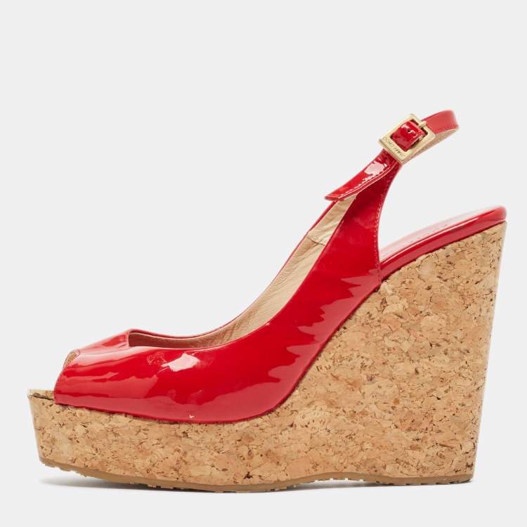 Pre Owned Jimmy Choo Red Patent Leather Prova Wedge Sandals Size 38