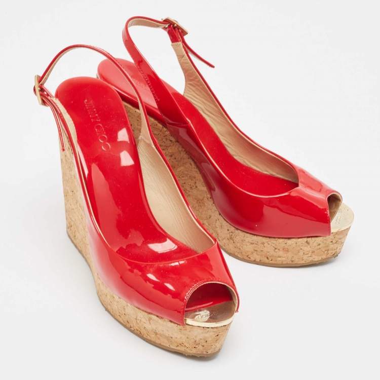 Pre Owned Jimmy Choo Red Patent Leather Prova Wedge Sandals Size 38