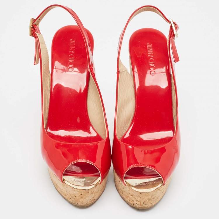 Pre Owned Jimmy Choo Red Patent Leather Prova Wedge Sandals Size 38