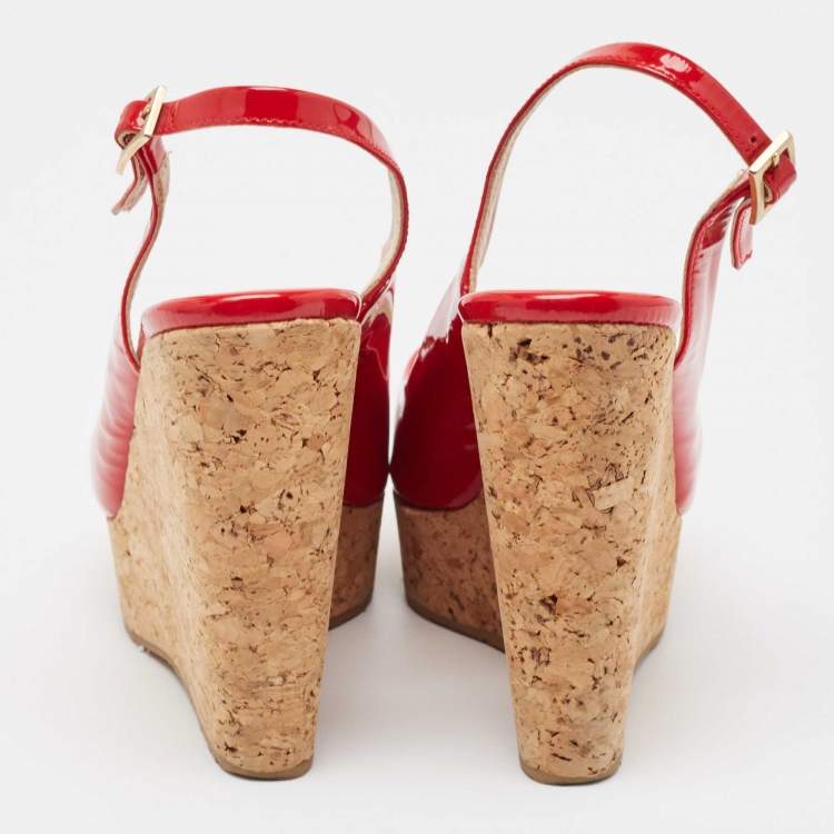 Pre Owned Jimmy Choo Red Patent Leather Prova Wedge Sandals Size 38