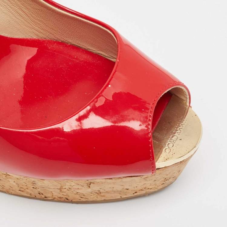 Pre Owned Jimmy Choo Red Patent Leather Prova Wedge Sandals Size 38
