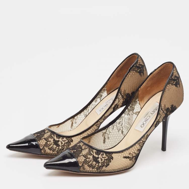 مملوكة مسبقًا Jimmy Choo Black Lace and Patent Leather Amika Pumps Size 37
