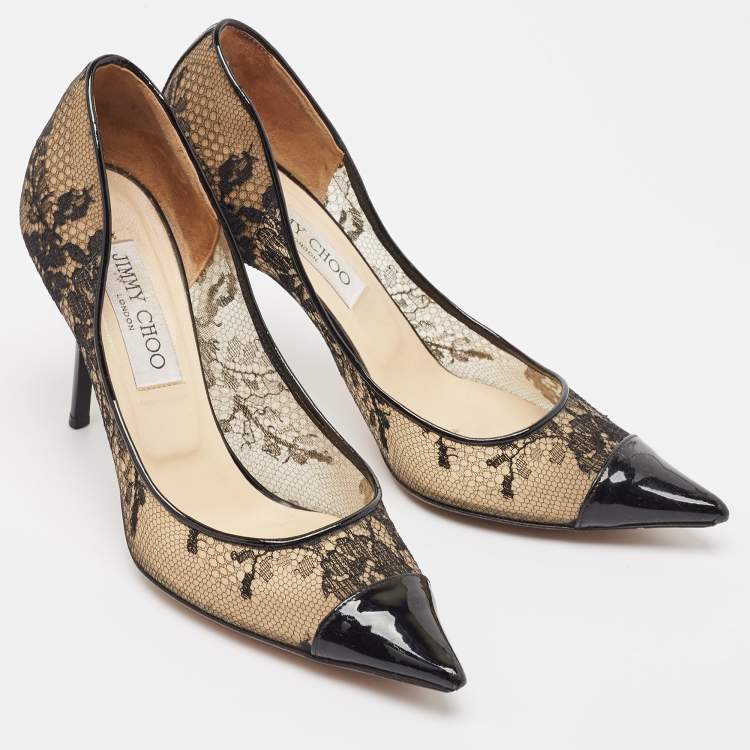 مملوكة مسبقًا Jimmy Choo Black Lace and Patent Leather Amika Pumps Size 37