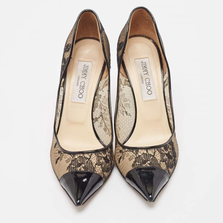 مملوكة مسبقًا Jimmy Choo Black Lace and Patent Leather Amika Pumps Size 37