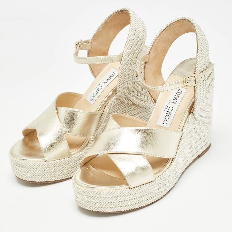 Pre Owned Jimmy Choo Gold Leather and Tweed Crisscross Wedge Sandals Size 36 