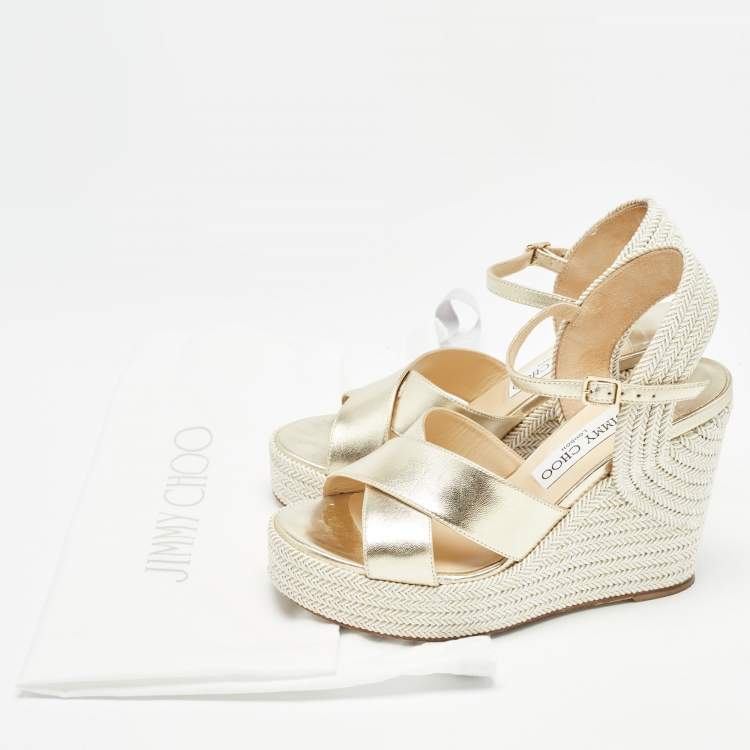 Pre Owned Jimmy Choo Gold Leather and Tweed Crisscross Wedge Sandals Size 36 