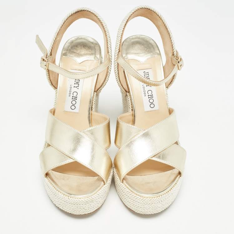 Pre Owned Jimmy Choo Gold Leather and Tweed Crisscross Wedge Sandals Size 36 