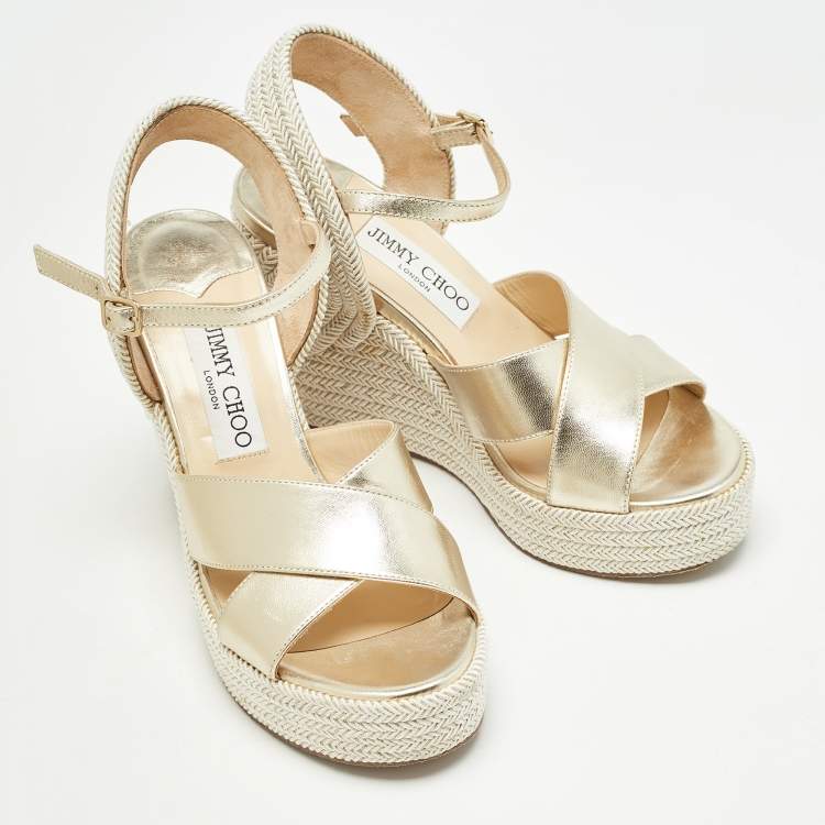 Pre Owned Jimmy Choo Gold Leather and Tweed Crisscross Wedge Sandals Size 36 