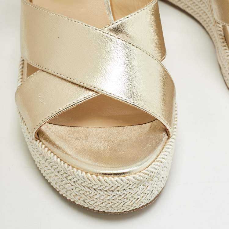 Pre Owned Jimmy Choo Gold Leather and Tweed Crisscross Wedge Sandals Size 36 