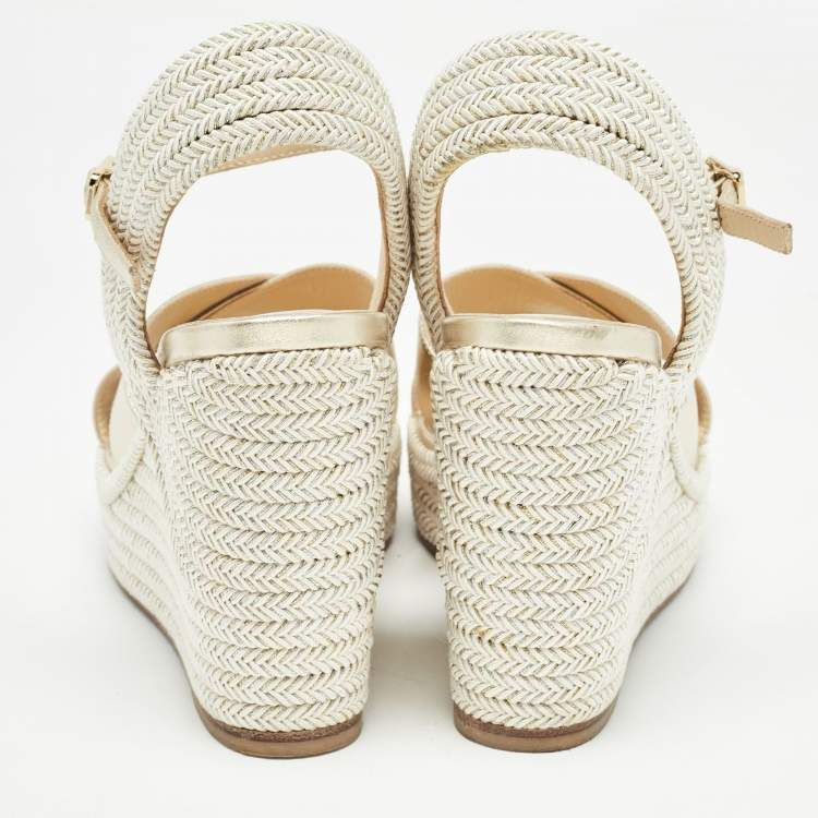Pre Owned Jimmy Choo Gold Leather and Tweed Crisscross Wedge Sandals Size 36 