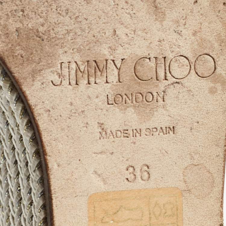 Pre Owned Jimmy Choo Gold Leather and Tweed Crisscross Wedge Sandals Size 36 