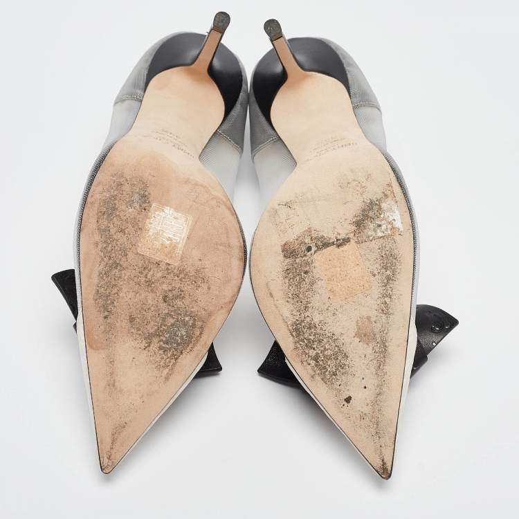 Pre Owned Jimmy Choo Black/Grey Mesh and Leather Bow Pointed Toe Pumps Size 39.5