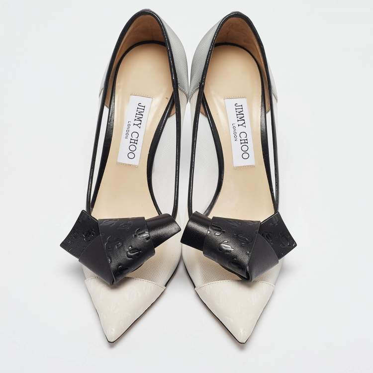 Pre Owned Jimmy Choo Black/Grey Mesh and Leather Bow Pointed Toe Pumps Size 39.5