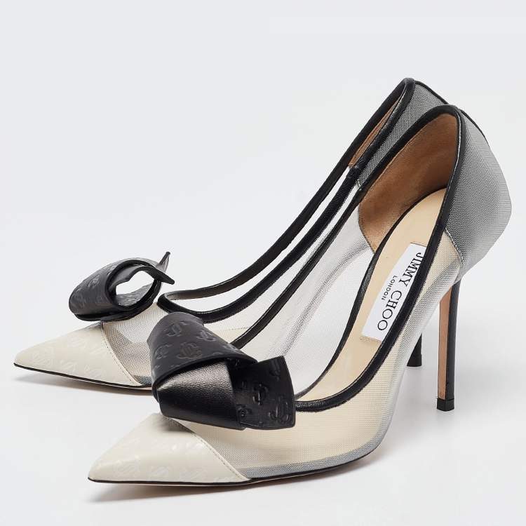 Pre Owned Jimmy Choo Black/Grey Mesh and Leather Bow Pointed Toe Pumps Size 39.5