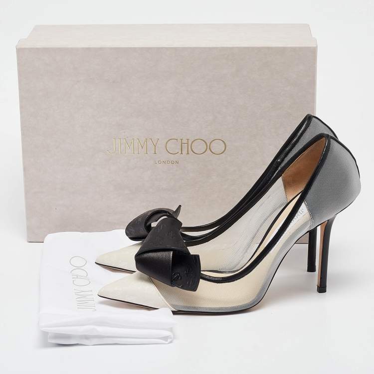 Pre Owned Jimmy Choo Black/Grey Mesh and Leather Bow Pointed Toe Pumps Size 39.5