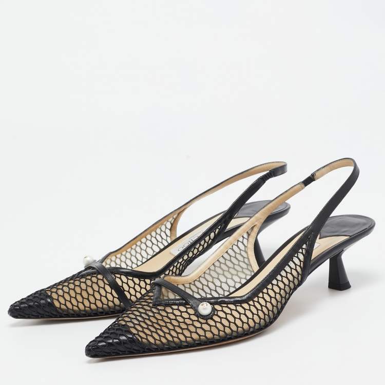 Pre Owned Jimmy Choo Black Mesh and Leather Slingback Pumps Size 39  