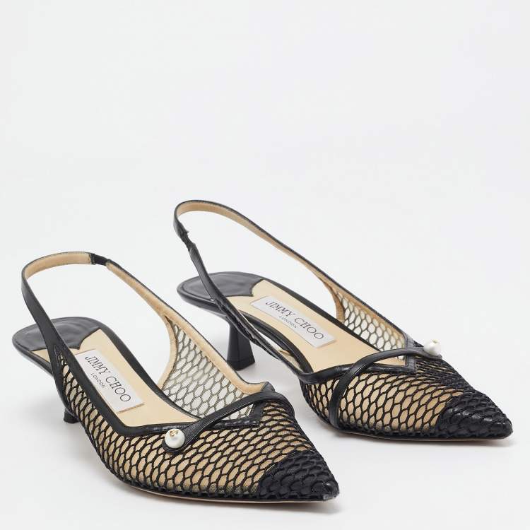 Pre Owned Jimmy Choo Black Mesh and Leather Slingback Pumps Size 39  