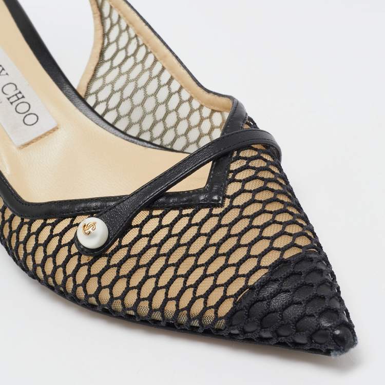 Pre Owned Jimmy Choo Black Mesh and Leather Slingback Pumps Size 39  