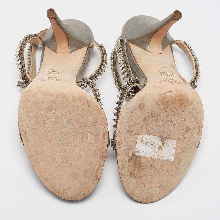 Pre Owned Jimmy Choo Metallic Grey Textured Suede Crystal Embellished Angel Sandals Size 39