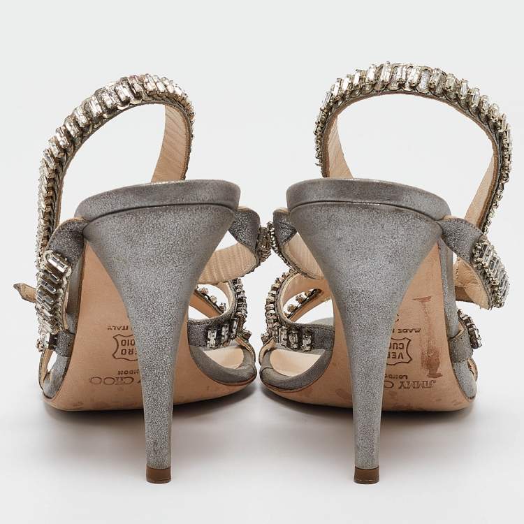 Pre Owned Jimmy Choo Metallic Grey Textured Suede Crystal Embellished Angel Sandals Size 39