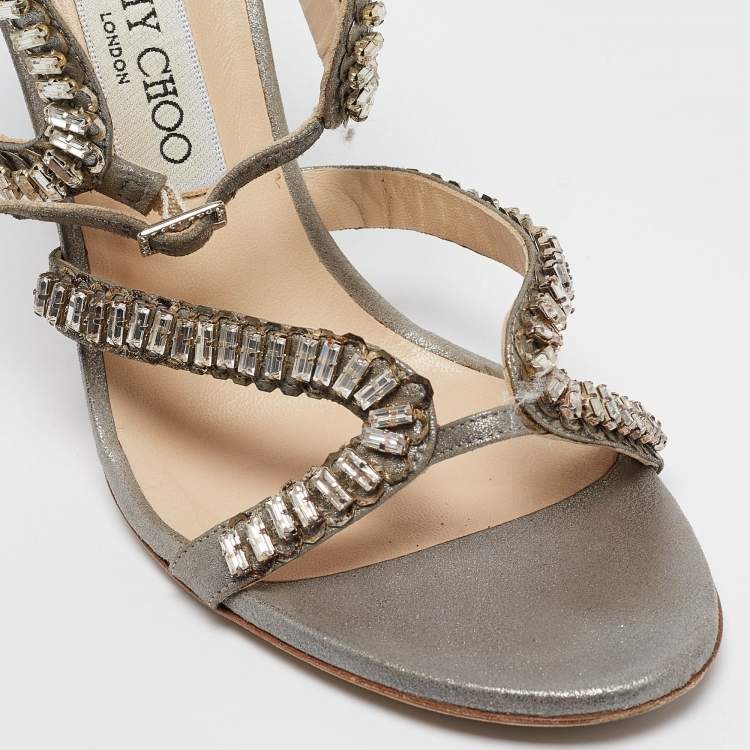 Pre Owned Jimmy Choo Metallic Grey Textured Suede Crystal Embellished Angel Sandals Size 39