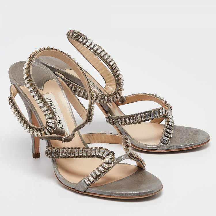 Pre Owned Jimmy Choo Metallic Grey Textured Suede Crystal Embellished Angel Sandals Size 39