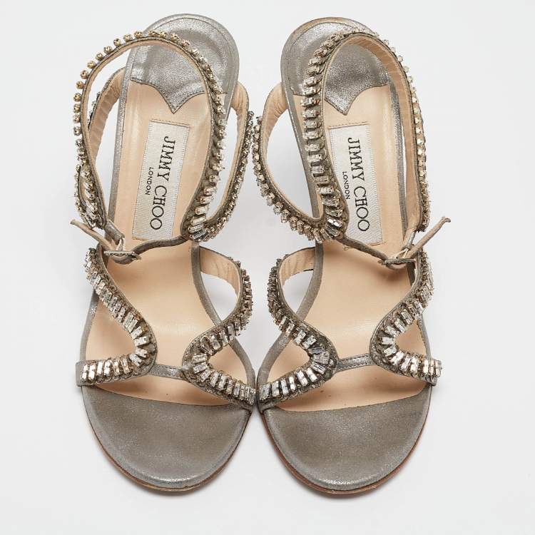 Pre Owned Jimmy Choo Metallic Grey Textured Suede Crystal Embellished Angel Sandals Size 39