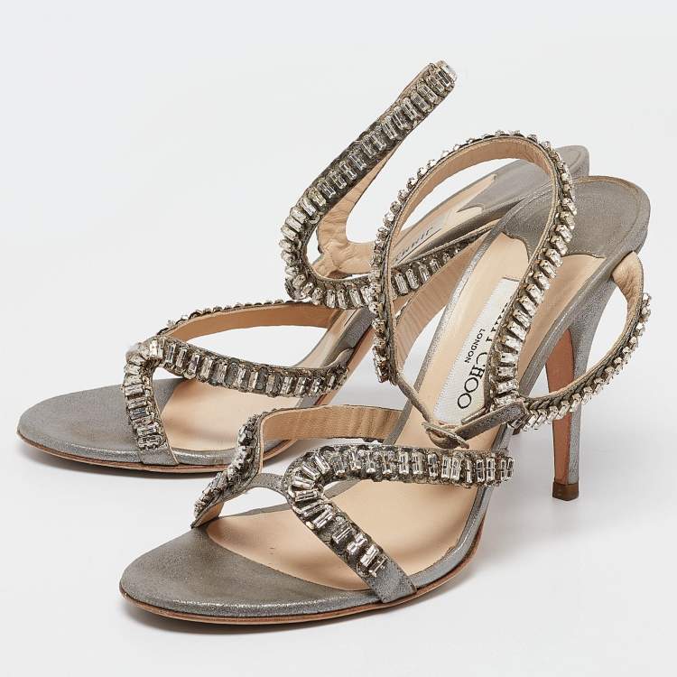 Pre Owned Jimmy Choo Metallic Grey Textured Suede Crystal Embellished Angel Sandals Size 39