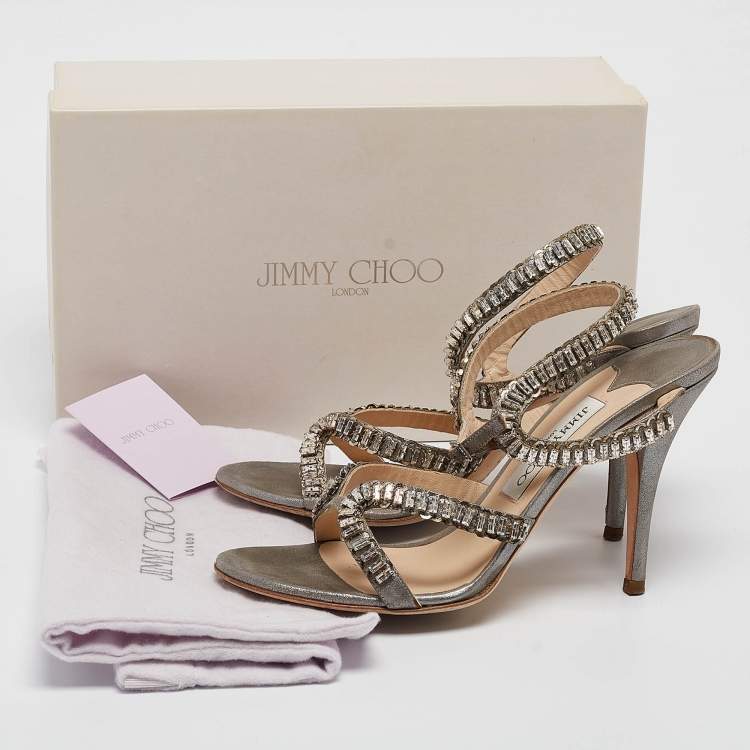 Pre Owned Jimmy Choo Metallic Grey Textured Suede Crystal Embellished Angel Sandals Size 39