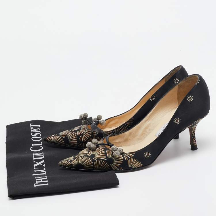 Pre Owned Jimmy Choo Black Printed Satin Pointed Toe Pumps Size 38