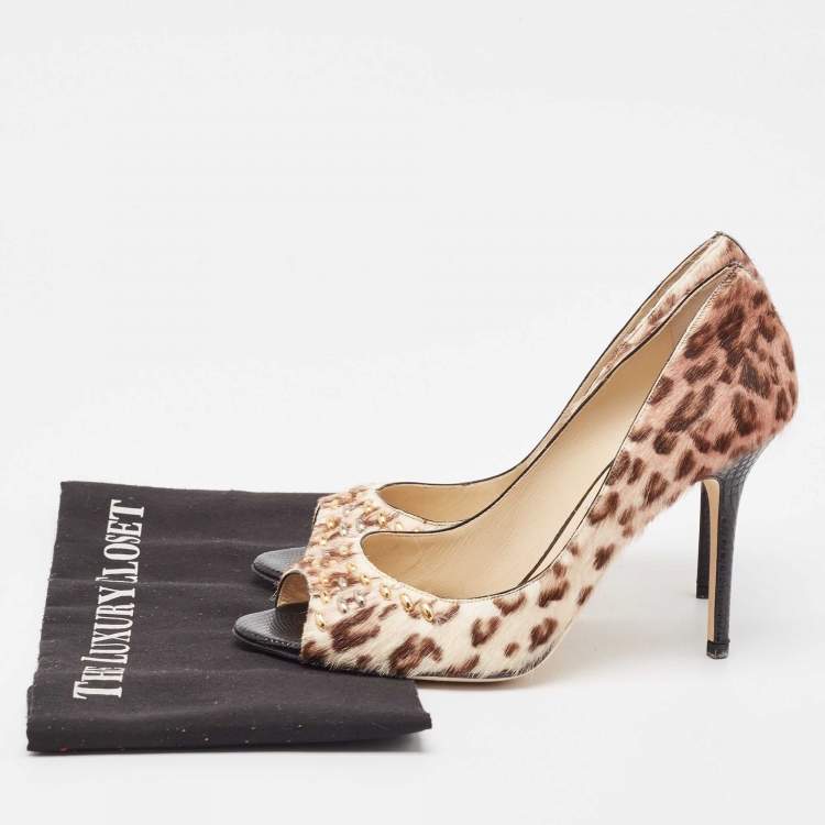 Pre Owned Jimmy Choo Tricolor Animal Print Calf Hair Studded Open Toe Pumps Size 39.5