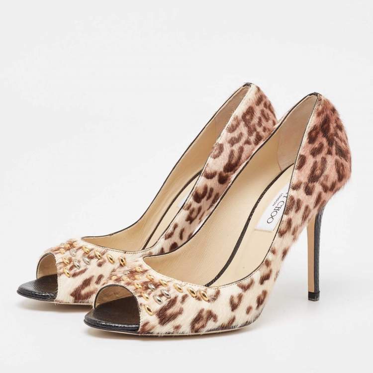 Jimmy Choo Tricolor Animal Print Calf Hair Studded Open Toe