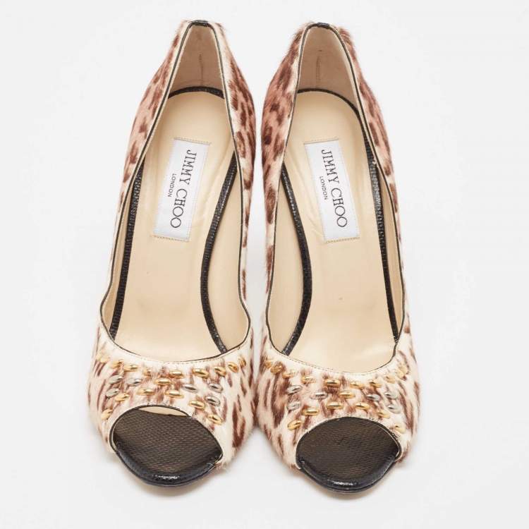 Pre Owned Jimmy Choo Tricolor Animal Print Calf Hair Studded Open Toe Pumps Size 39.5