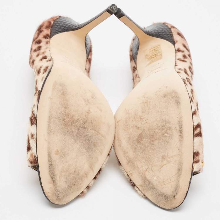 Pre Owned Jimmy Choo Tricolor Animal Print Calf Hair Studded Open Toe Pumps Size 39.5