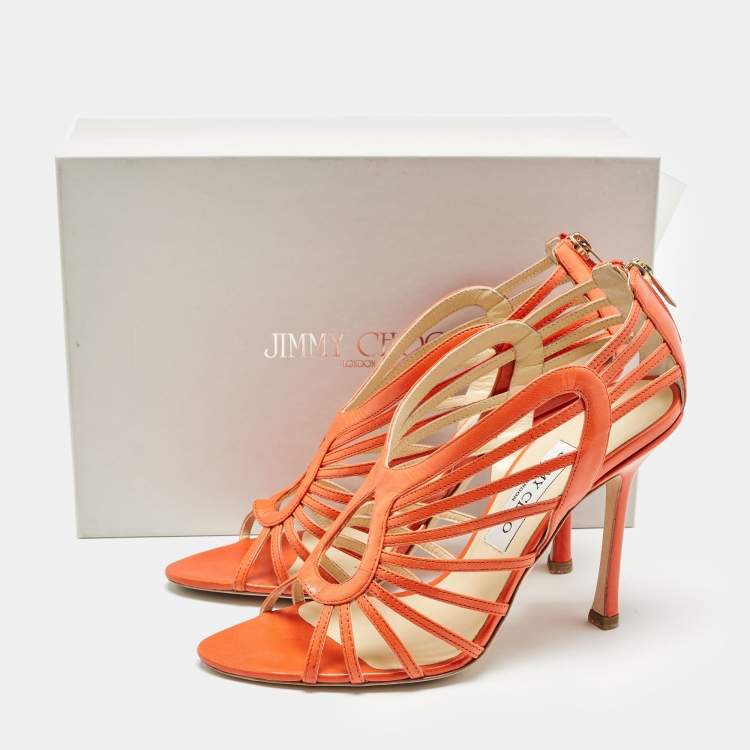 Pre Owned Jimmy Choo Orange Leather Strappy Open Toe Sandals Size 39