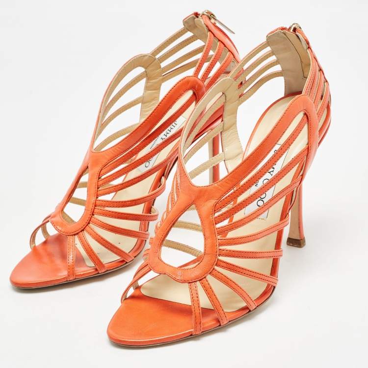 Pre Owned Jimmy Choo Orange Leather Strappy Open Toe Sandals Size 39