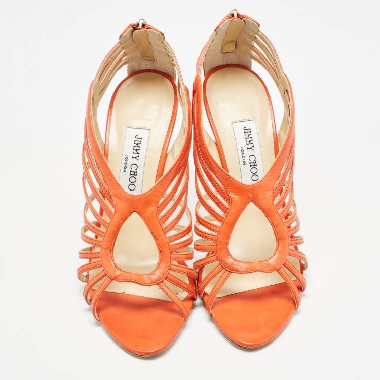 Pre Owned Jimmy Choo Orange Leather Strappy Open Toe Sandals Size 39